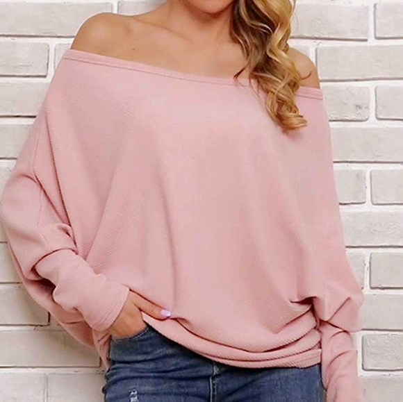 New Pink Slouchy Shoulder Oversized Batwing Top - Picture 3 of 7